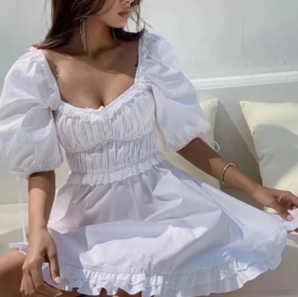 White Puff Sleeve Square Neck Dress with Lace and Ruffle Detail - Picture 2 of 16